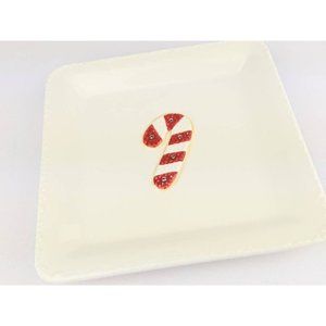 Santa Cookie Plate Red White Candy Cane | Square White Plate Hallmark Holiday
